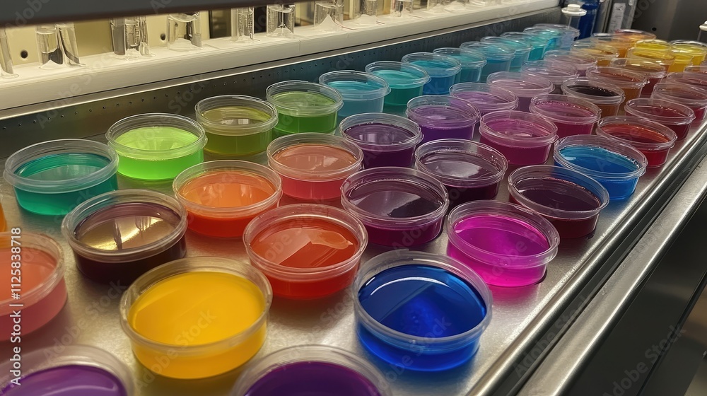 Poster a laboratory counter filled with rows of colorful petri dishes, symbolizing the diversity of scienti