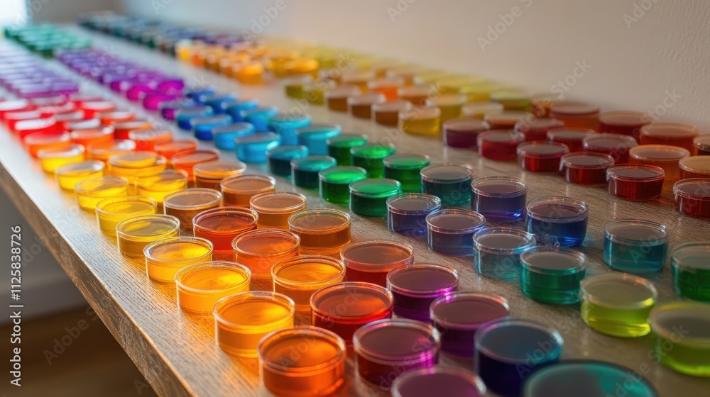 Poster a laboratory counter filled with rows of colorful petri dishes, symbolizing the diversity of scienti