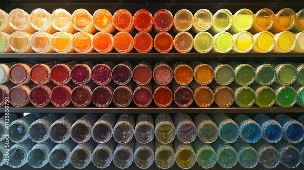 Poster a laboratory counter filled with rows of colorful petri dishes, symbolizing the diversity of scienti