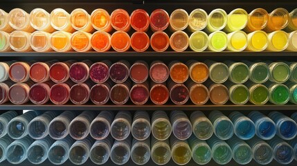 A laboratory counter filled with rows of colorful petri dishes, symbolizing the diversity of scientific research.