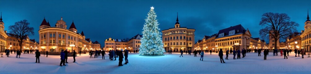 Fototapeta premium 360 degree photo, Snowy Town Square with Giant Christmas Tree, 360 degree image.