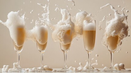 A row of five champagne flutes overflowing with foam and bubbles, styled on a clean white backdrop, capturing the essence of celebration and festivity.