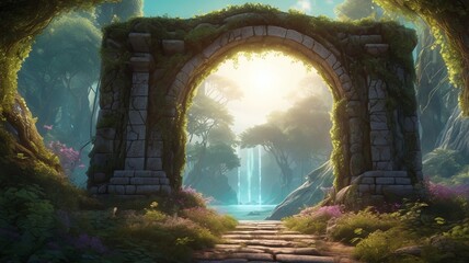 An enchanting portal archway wrapped in overgrown vines and glowing symbols, standing in a serene fantasy forest. Through the ancient stone gate, a vivid alternate dimension with floating islands