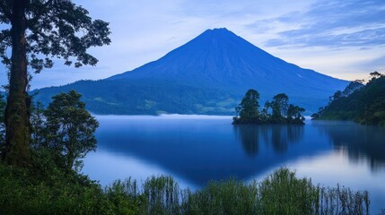 Obraz premium A majestic volcanic mountain in the soft morning light, reflected perfectly in the calm waters of a serene lake surrounded by nature