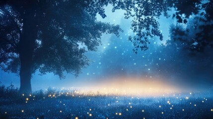 Fototapeta premium A surreal dreamscape with shimmering lights illuminating a tranquil, misty landscape under a glowing blue night sky