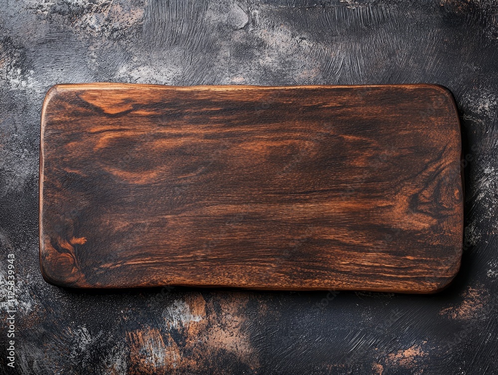 Aufkleber dark brown rectangular wooden cutting board on a rustic background.