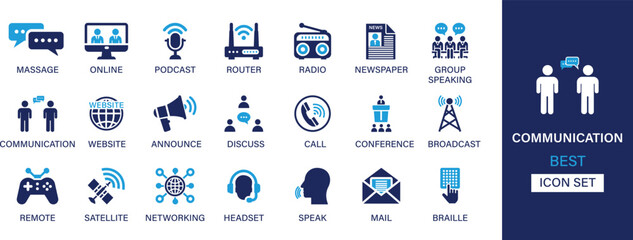 Communication best solid icon set collection. Speak, massage, online meeting, podcast, pouter, radio, newspaper, website, announce, discuss and vector illustration.