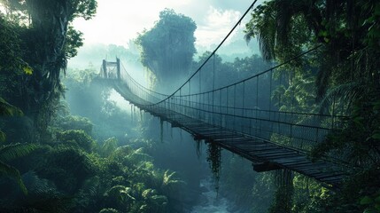 Fototapeta premium A misty suspension bridge winds through a lush tropical forest, disappearing into the dense greenery, evoking a sense of mystery and adventure