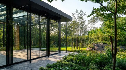 A modern glass structure blends into nature, offering a clear, unobstructed view of lush greenery and scenic landscapes beyond the glass panels