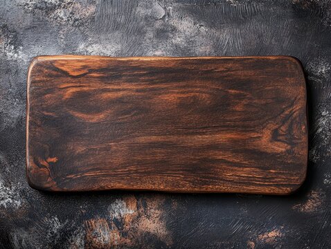 Dark brown rectangular wooden cutting board on a rustic background.
