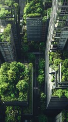 Obraz premium Aerial view of a green urban landscape with buildings integrated into nature.