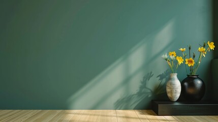 A stylish living area with a dark green wall, light bamboo floors