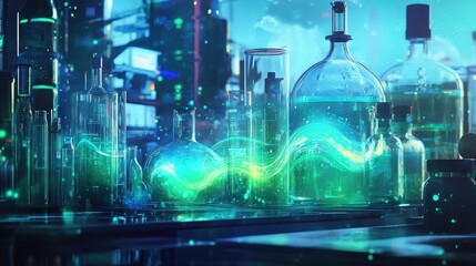 Abstract marine laboratory concept with glowing blue and green hues, lab equipment, and digital wave patterns symbolizing research in oceanography and marine biology.