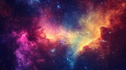 Fototapeta premium Abstract space sci-fi background featuring a futuristic spaceship navigating through a vibrant cosmos with nebulae and stars in the distance.