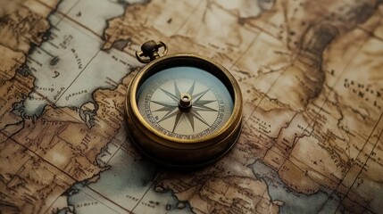 A nostalgic scene with an antique compass placed on a vintage map, inspiring thoughts of untraveled paths and adventures.