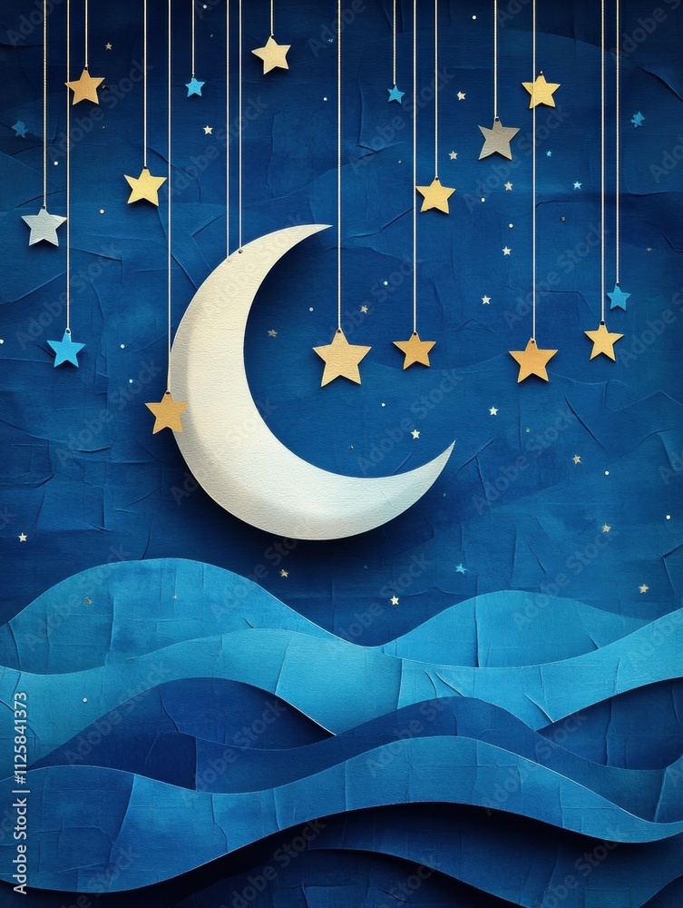 Poster a tranquil holiday night features a paper moon and stars suspended against textured blue layers, cre
