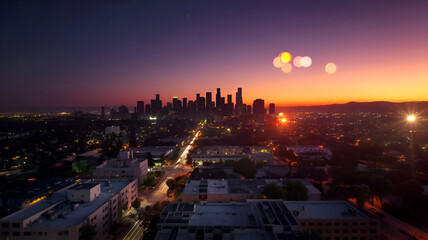  Endless buildings and urban sprawl. Twilight sky, dark purple in top quarter of frame. Cars and lights slight blur movement