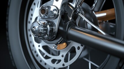 Obraz premium Close-Up View of Motorcycle Brake Disc and Wheel Hub Detailing with Reflections on Metal Components Highlighting Mechanical Engineering Excellence