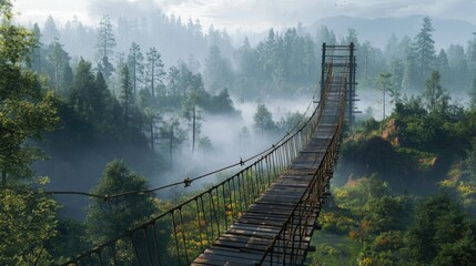 Obraz premium A picturesque wooden suspension bridge spans a lush, misty forest, surrounded by tall trees and fog, offering a peaceful escape into nature