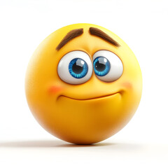 Fototapeta premium A happy yellow emoji face with furrowed eyebrows looking with blue eyes on white backround looking to right side