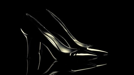 Elegant Black High Heel Shoes with Glossy Finish and Reflections on Dark Background for Fashion and Style Illustrations