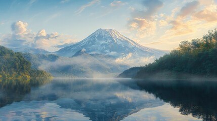 Fototapeta premium A powerful volcanic mountain stands tall, its reflection shimmering in the quiet waters of a lake, bathed in the soft morning sunlight