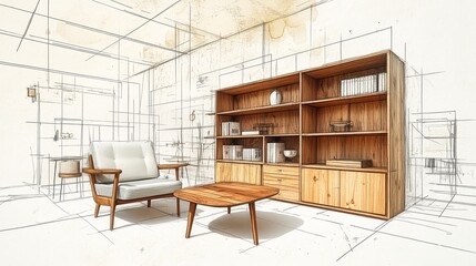 Minimalist woodworking handicrafts, furniture, and wall art, combined with technical drawings, with a transparent white background. Perfect for modern interior design