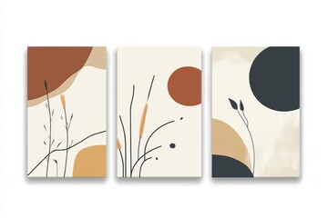 Abstract art featuring organic shapes and minimalistic plant elements in earthy tones.