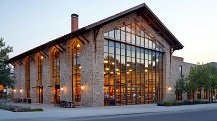 Fototapeta premium Modern architectural design featuring a spacious glass front building with warm lighting in the evening, surrounded by trees and a clear sky