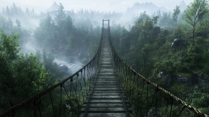 Obraz premium A scenic view of a wooden suspension bridge amidst a verdant, mist-filled forest, creating a sense of wonder and adventure in the heart of nature