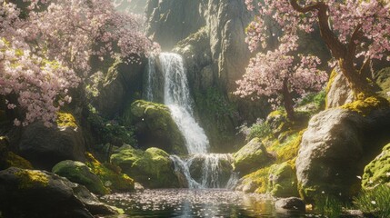 Serene Waterfall Cascading Amidst Blossoming Cherry Trees