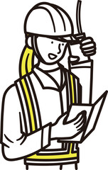 土木や建築関連の仕事をする反射ベストを着た女性が無線機で打ち合わせをしている上半身のイラスト素材