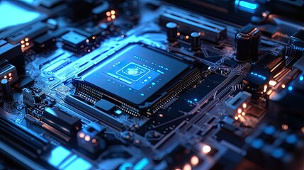 Futuristic 3D robot chatbot interacting with a high-tech microchip, illuminated by blue and white lights, showcasing artificial intelligence in technological advancements.