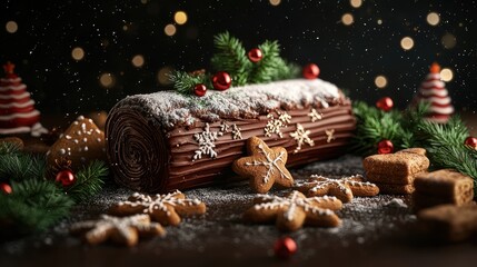 Festive holiday dessert display with yule log and cookies