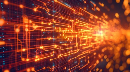 Obraz premium Futuristic business process transformation concept with abstract glowing circuits, corporate skyscrapers, and digital data streams symbolizing innovation.