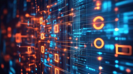 Futuristic business process transformation concept with abstract glowing circuits, corporate skyscrapers, and digital data streams symbolizing innovation.