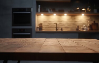 Rustic wooden table in a dimly lit modern kitchen.