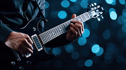 Fototapeta premium Closeup of guitar player performing on stage with vibrant lights
