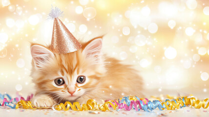 cute kitten wearing party hat with colorful streamers