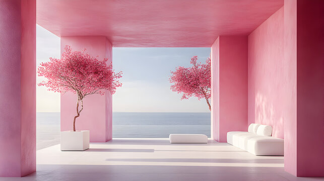 interior, room, sofa, home, furniture, couch 
un soggiorno modernissimo e minimalista concarta da parati sui muri raffigurante dei pellicani rosa in piedi sull'acqua stilizzati a tutta parete e al ce
