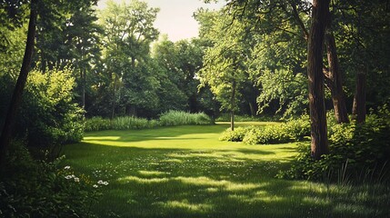 A serene green landscape with trees and grass, inviting tranquility and nature appreciation.