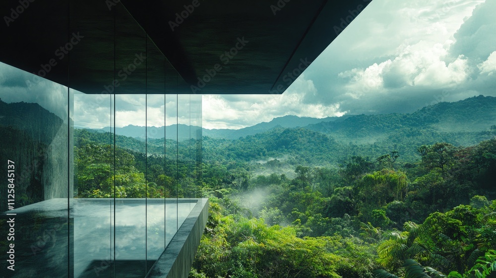 Poster a stunning shot from within a sleek, transparent glass structure, offering an unobstructed view of v
