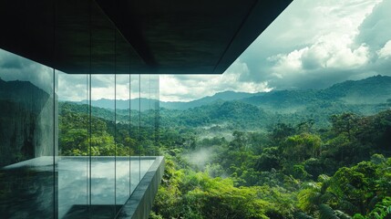 A stunning shot from within a sleek, transparent glass structure, offering an unobstructed view of verdant forests and serene natural beauty