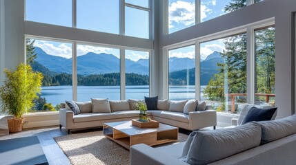 A stylish modern living room with large windows offering a breathtaking view of a lake and mountains, perfect for relaxation