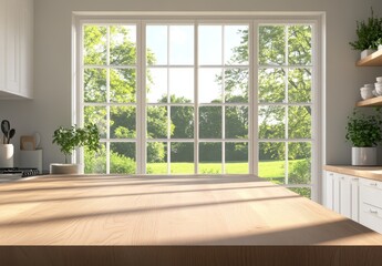 Obraz premium Sunlit kitchen countertop with large window overlooking green garden.