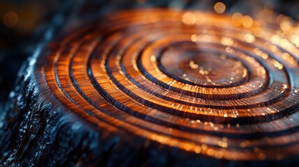 Close-up of a polished tree stump's concentric rings.