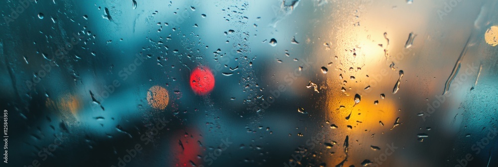 Aufkleber raindrops on a window blur the view of an empty street, capturing a quiet moment in the rain during 