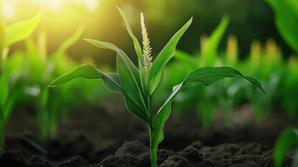 Generated ImageA closeup of a young corn plant growing from rich, dark soil - Generative AI