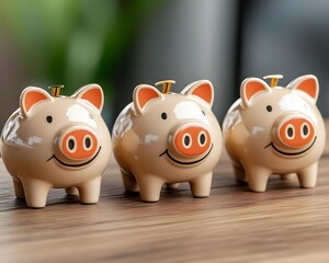 Cheerful ceramic piggy banks sitting together on a wooden table with a blurred green background, representing savings, finance, and childhood nostalgia in a warm atmosphere.