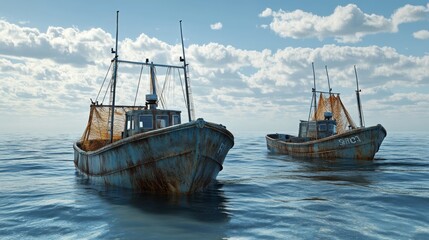 Obraz premium Three fishing boats with nets in the sea, in a blue color, with a clear sky and daylight, photorealistic